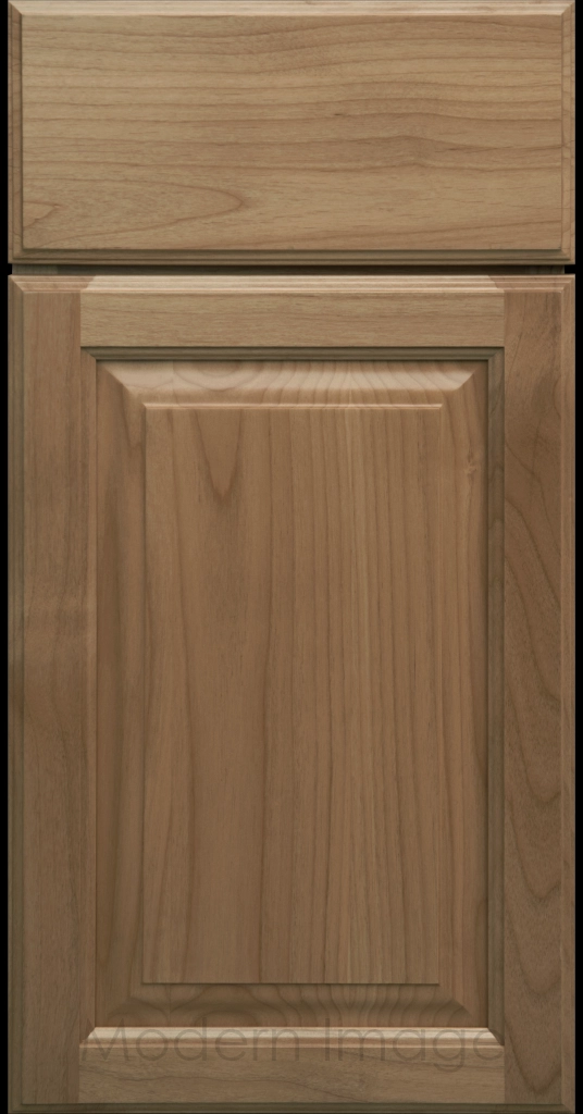 Warm Gray stained Hampton raised panel kitchen cabinets with flat slab drawer fronts.
